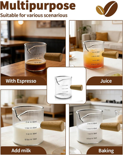 Espresso Measuring Cup 6 Oz, Espresso Cup with Wood Handle, V-Shaped Spout