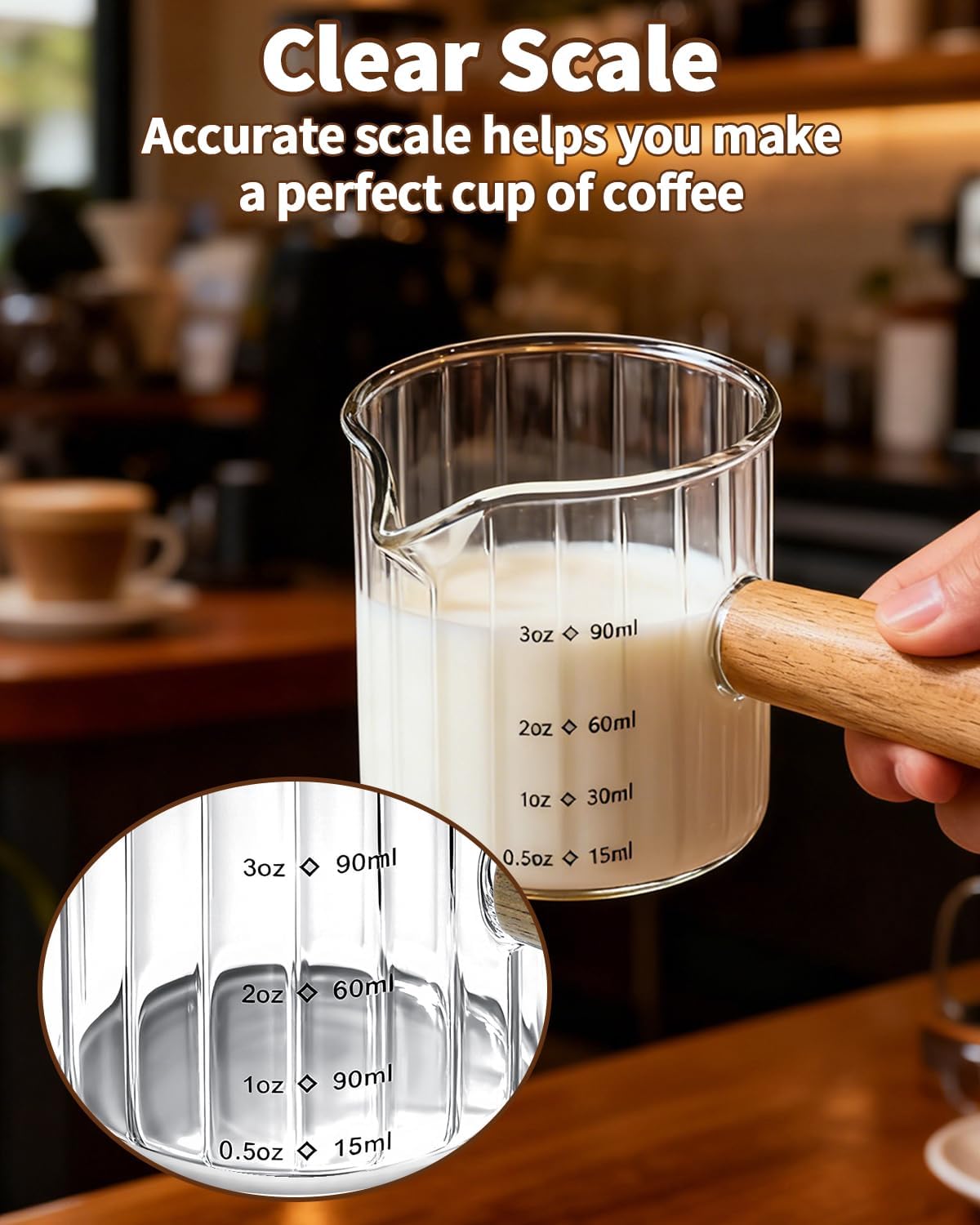 Espresso Measuring Cup 6 Oz, Espresso Cup with Wood Handle, V-Shaped Spout