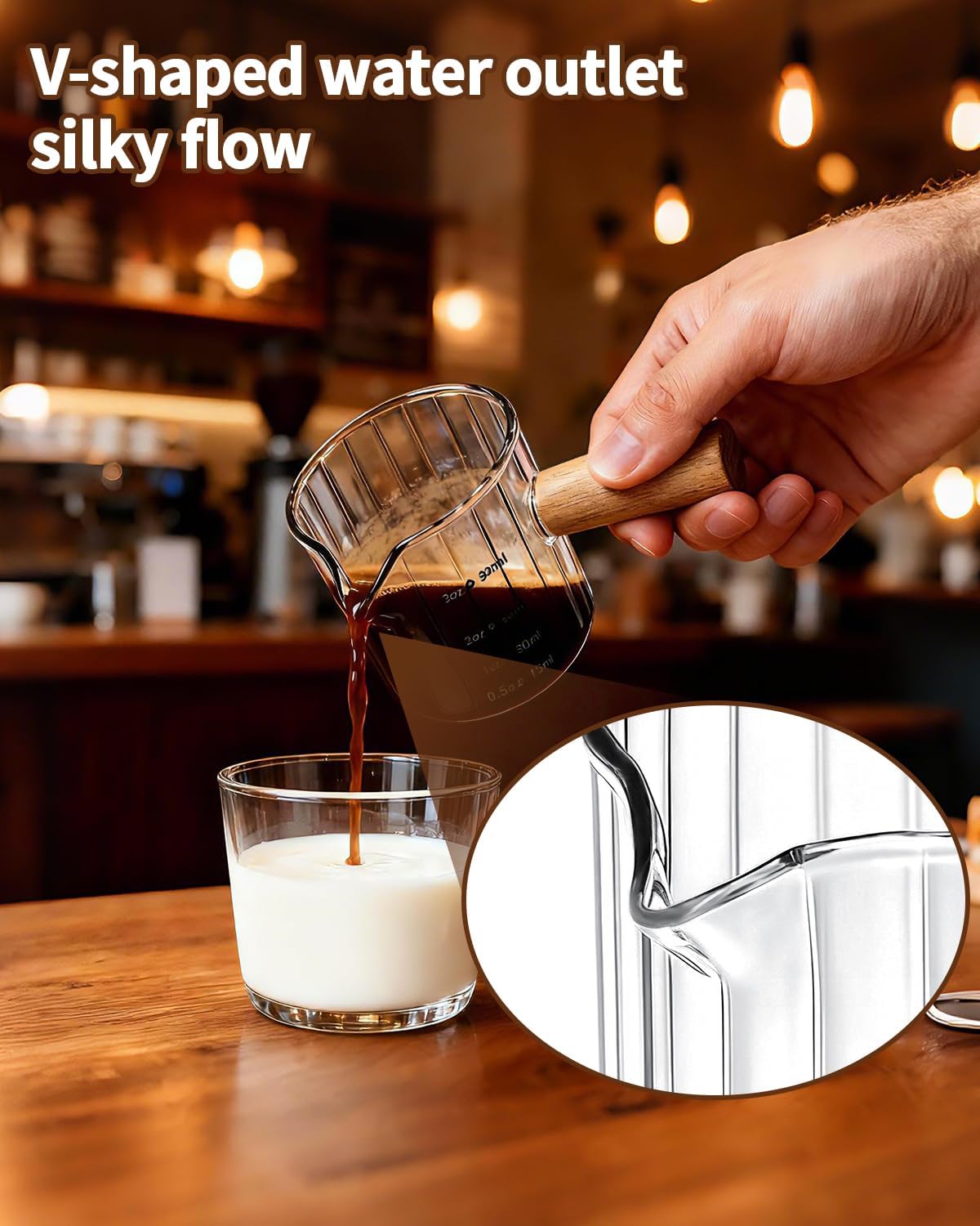 Espresso Measuring Cup 6 Oz, Espresso Cup with Wood Handle, V-Shaped Spout