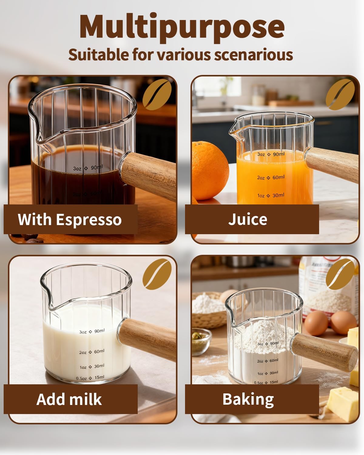 Espresso Measuring Cup 6 Oz, Espresso Cup with Wood Handle, V-Shaped Spout