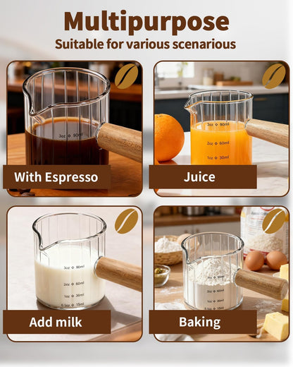 Espresso Measuring Cup 6 Oz, Espresso Cup with Wood Handle, V-Shaped Spout