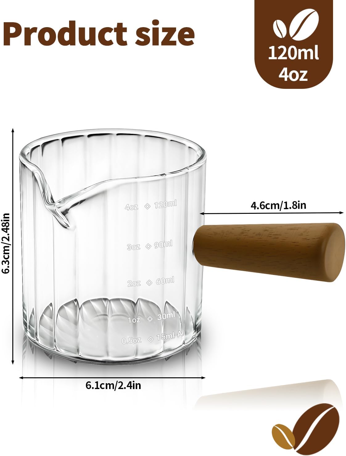 Espresso Measuring Cup 6 Oz, Espresso Cup with Wood Handle, V-Shaped Spout