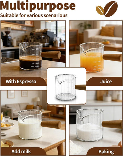 Espresso Measuring Cup 6 Oz, Espresso Cup with Wood Handle, V-Shaped Spout