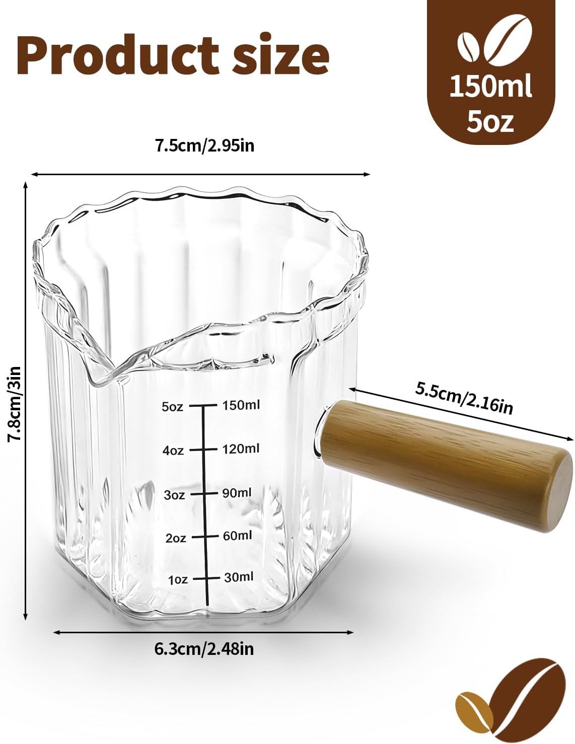 Espresso Measuring Cup 6 Oz, Espresso Cup with Wood Handle, V-Shaped Spout