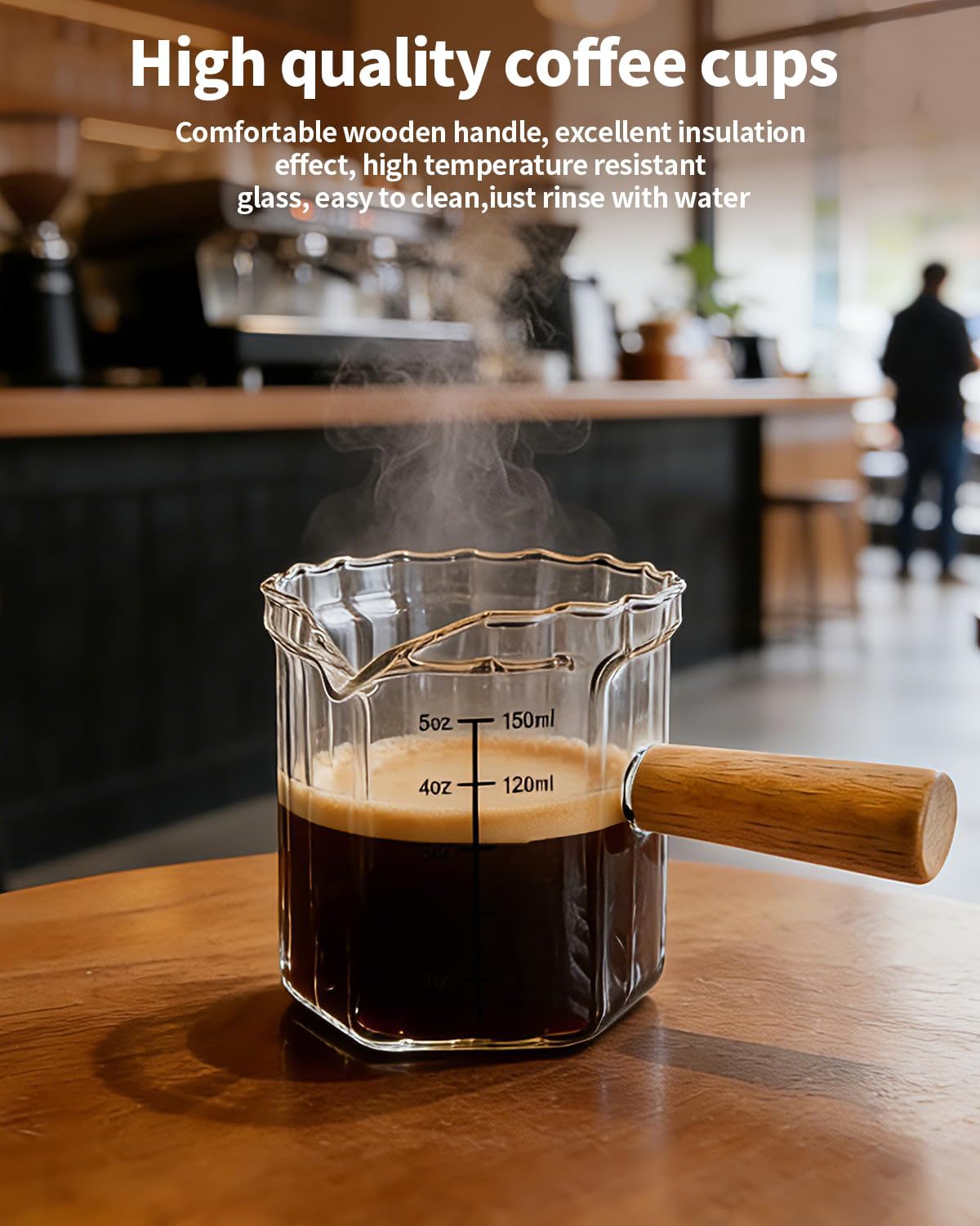 Espresso Measuring Cup 6 Oz, Espresso Cup with Wood Handle, V-Shaped Spout