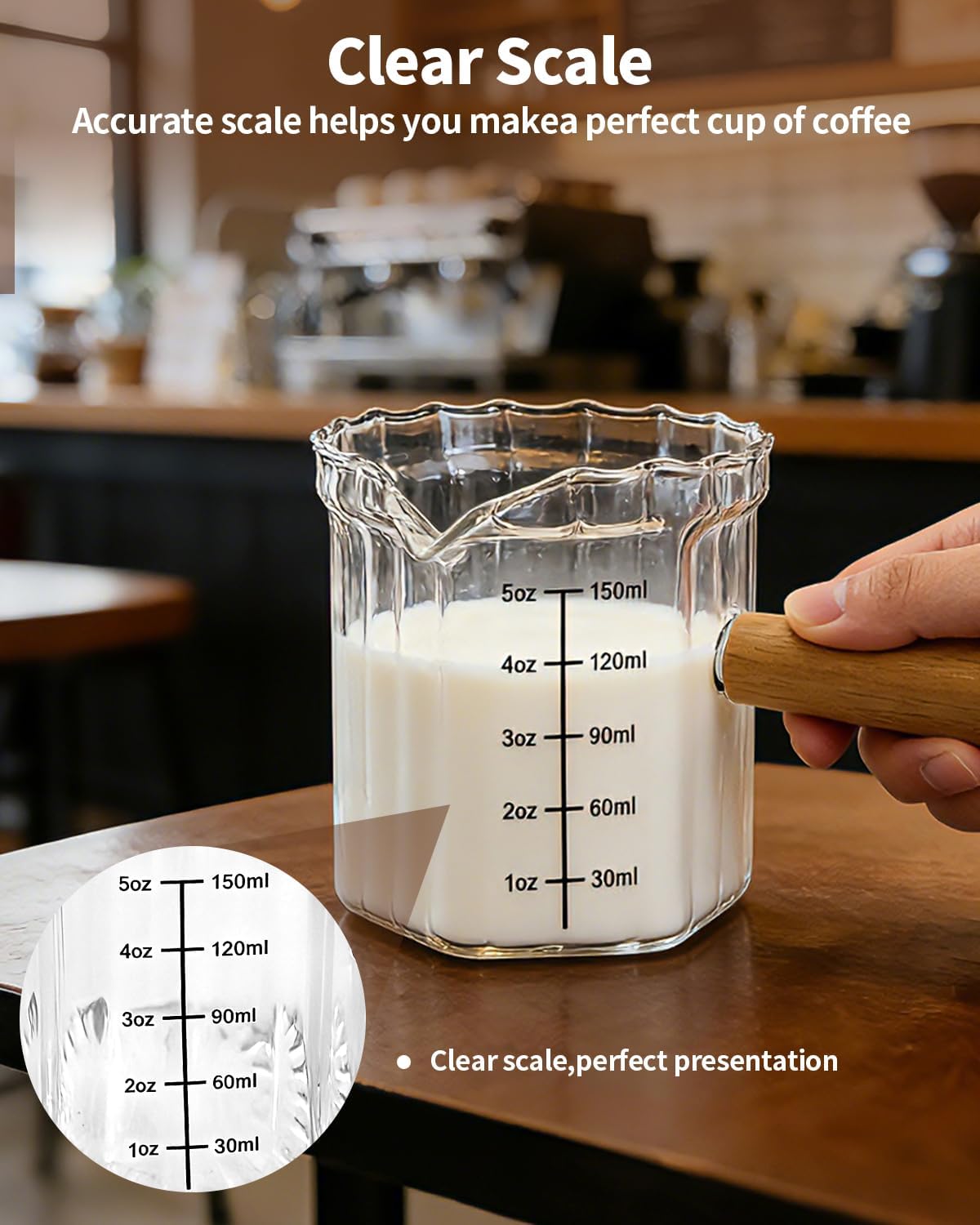 Espresso Measuring Cup 6 Oz, Espresso Cup with Wood Handle, V-Shaped Spout