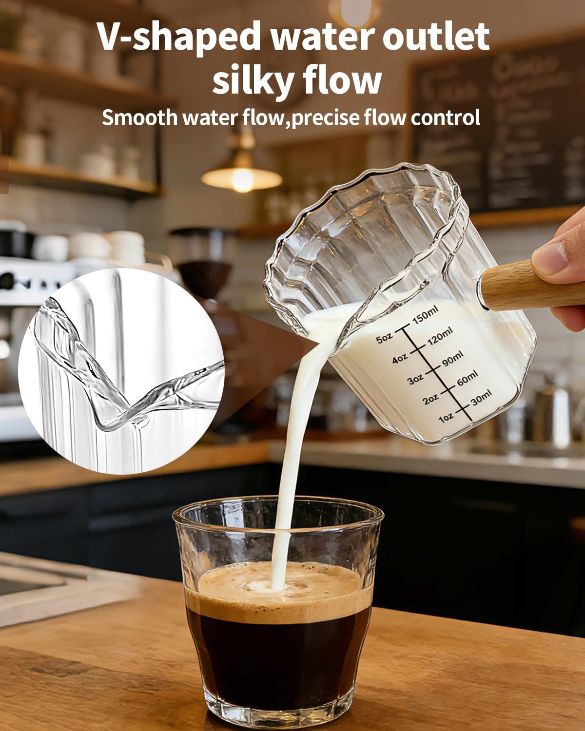 Espresso Measuring Cup 6 Oz, Espresso Cup with Wood Handle, V-Shaped Spout