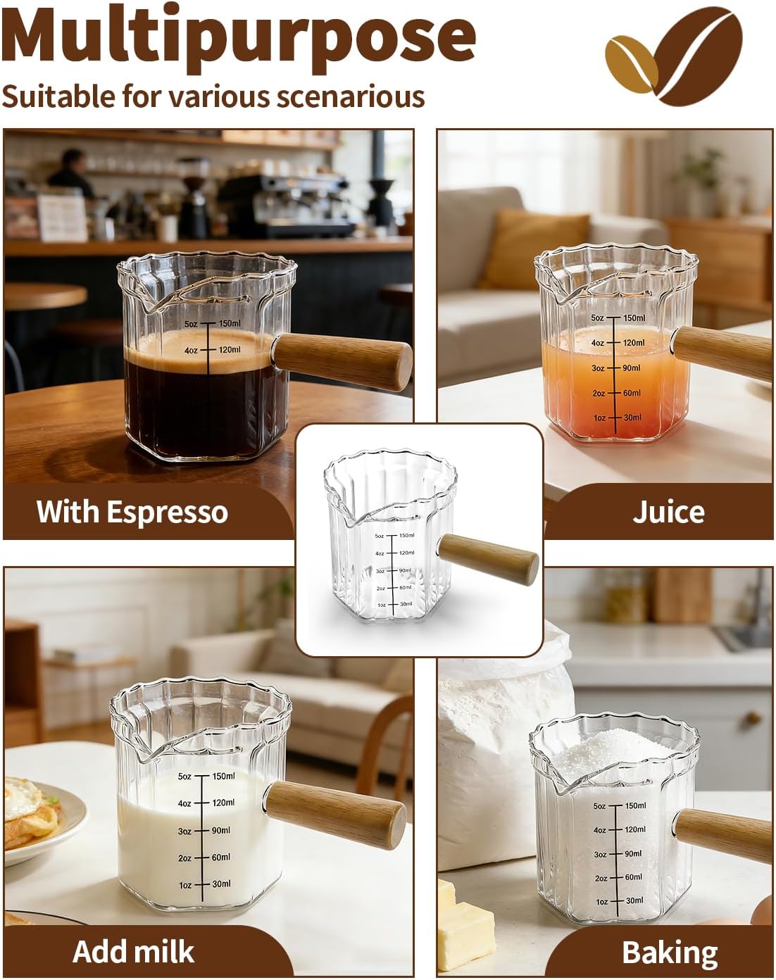 Espresso Measuring Cup 6 Oz, Espresso Cup with Wood Handle, V-Shaped Spout
