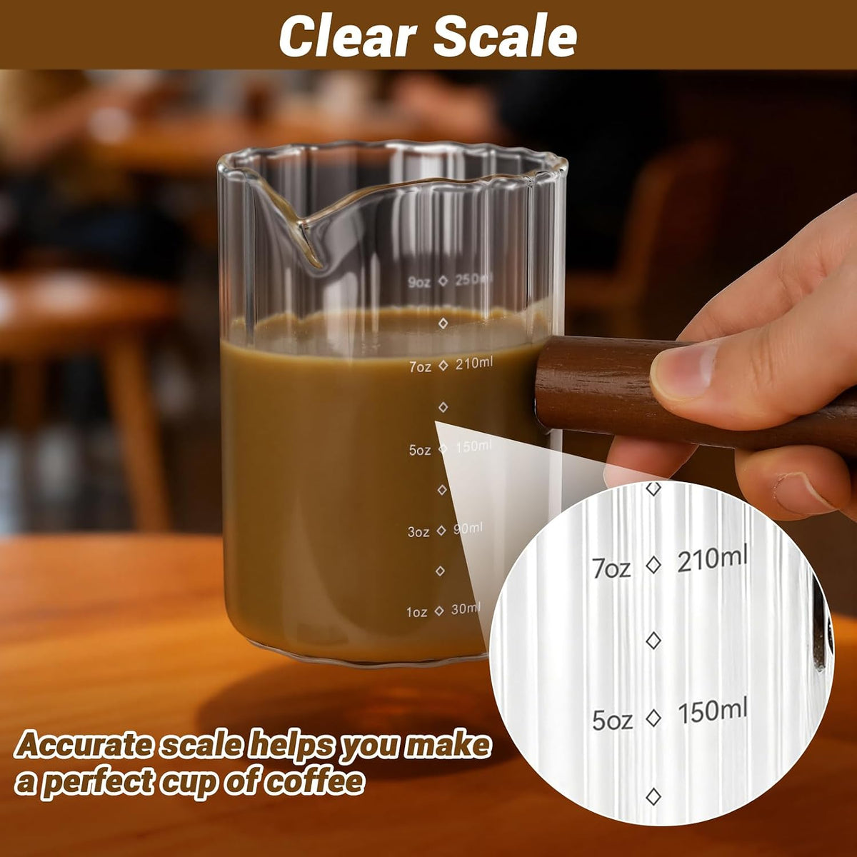 Espresso Measuring Cup 6 Oz, Espresso Cup with Wood Handle, V-Shaped Spout