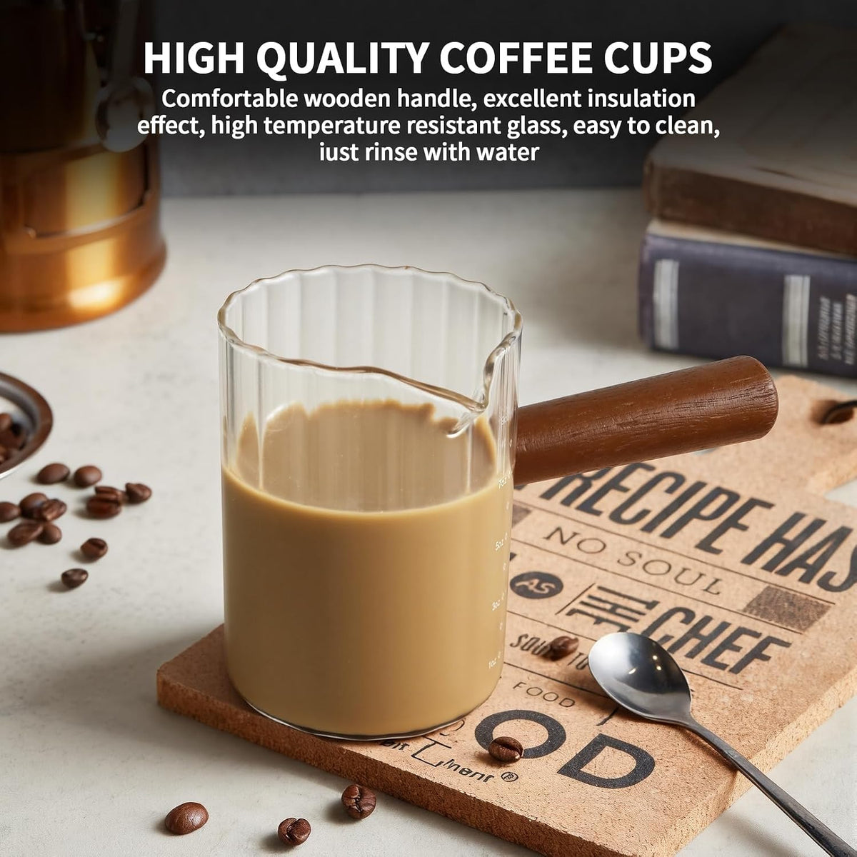 Espresso Measuring Cup 6 Oz, Espresso Cup with Wood Handle, V-Shaped Spout