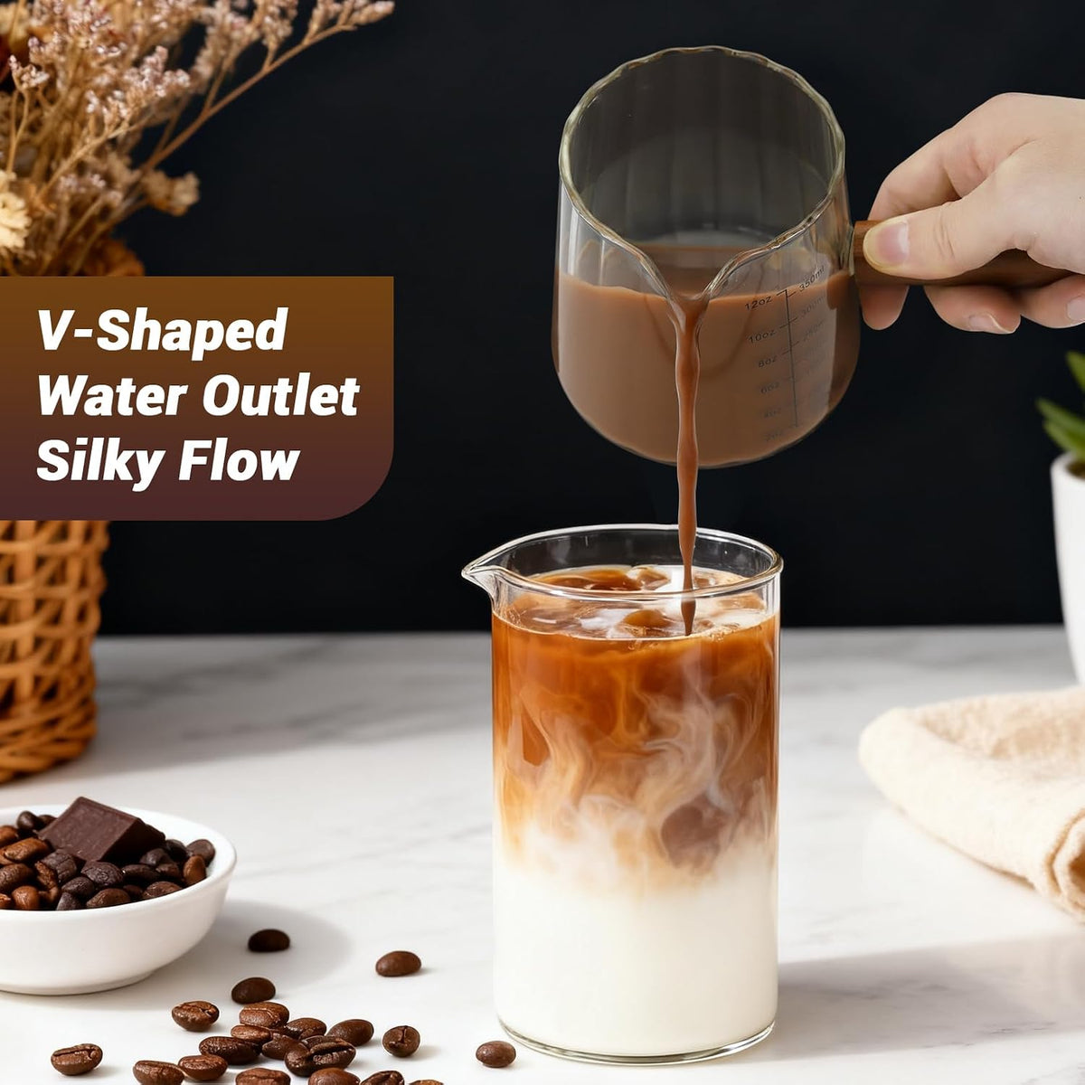 Espresso Measuring Cup 6 Oz, Espresso Cup with Wood Handle, V-Shaped Spout