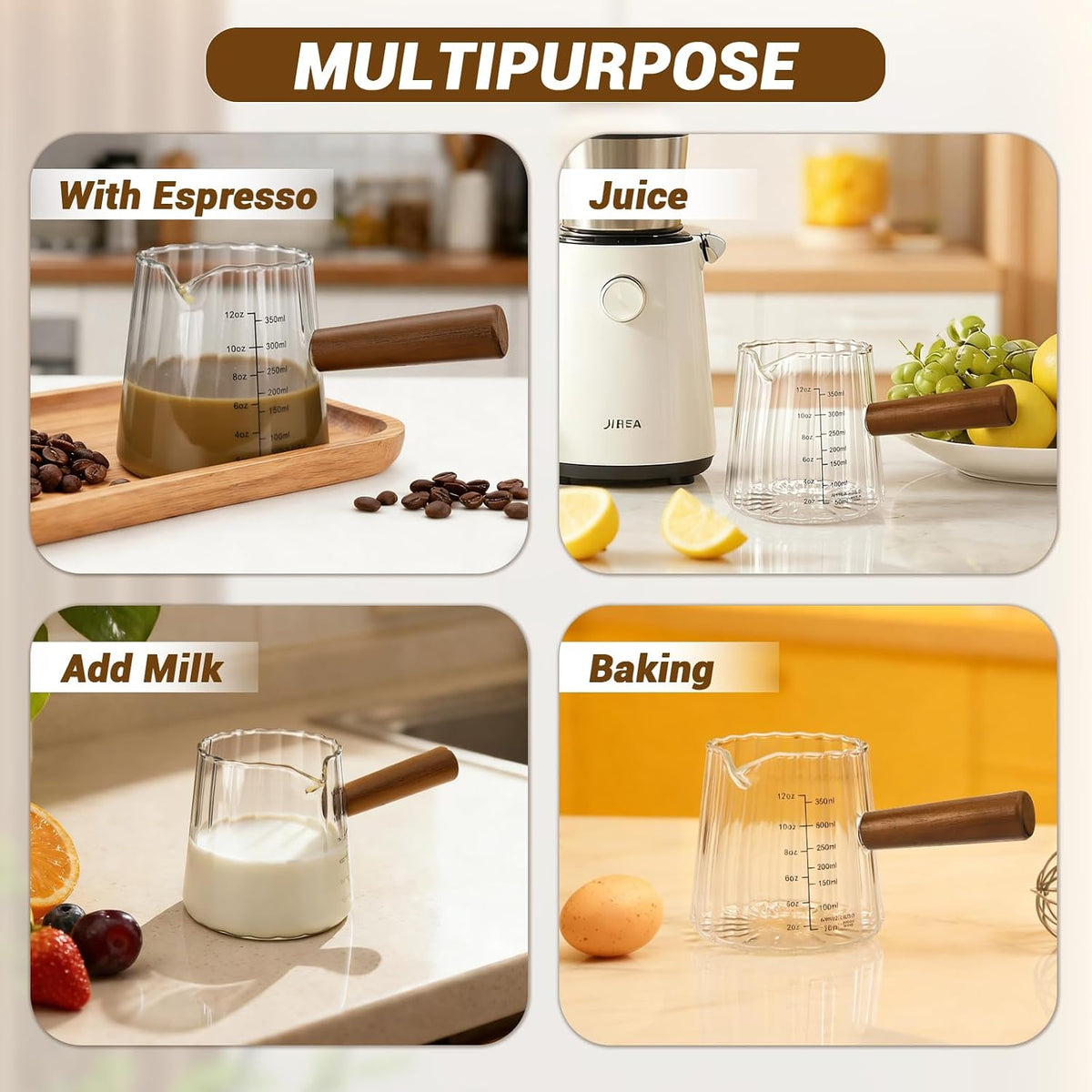 Espresso Measuring Cup 6 Oz, Espresso Cup with Wood Handle, V-Shaped Spout