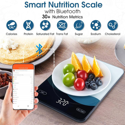 Bluetooth Smart Kitchen Scale 10kg/22lb - Nutrition Food Scale with App Calorie & Macro Tracker, 19+ Nutrients Analysis, USB-C Rechargeable, Tempered Glass, LED Display
