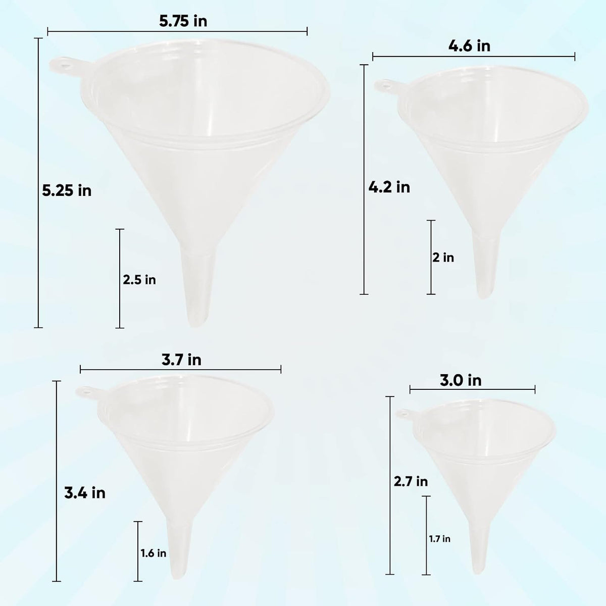 ™ Funnel Set (4 Sizes: 122, 101, 76, 50mm) - Durable, Non-Toxic, Food-Grade Plastic funnels for Filling Bottles and containers. Ideal for Kitchen, Garage, or Labs. Perfect for Precise Pouring.