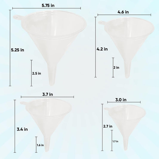 ™ Funnel Set (4 Sizes: 122, 101, 76, 50mm) - Durable, Non-Toxic, Food-Grade Plastic funnels for Filling Bottles and containers. Ideal for Kitchen, Garage, or Labs. Perfect for Precise Pouring.