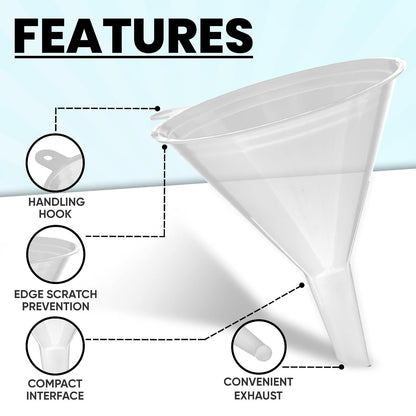™ Funnel Set (4 Sizes: 122, 101, 76, 50mm) - Durable, Non-Toxic, Food-Grade Plastic funnels for Filling Bottles and containers. Ideal for Kitchen, Garage, or Labs. Perfect for Precise Pouring.
