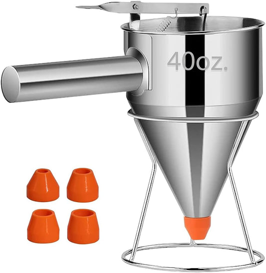 Pancake Batter Dispenser – 40oz Stainless Steel No-Drip Funnel, 4 Interchangeable Silicone Nozzles, Easy Control Batter Dispenser for Pancakes, Cupcakes, Funnel Cakes, Muffins & More