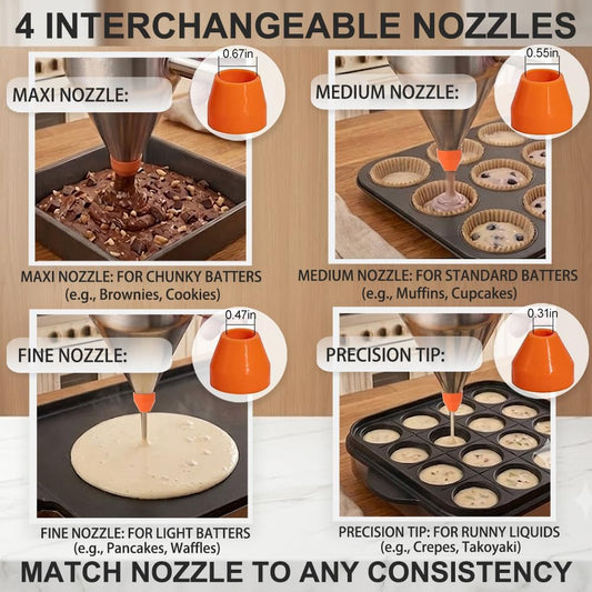 Pancake Batter Dispenser – 40oz Stainless Steel No-Drip Funnel, 4 Interchangeable Silicone Nozzles, Easy Control Batter Dispenser for Pancakes, Cupcakes, Funnel Cakes, Muffins & More