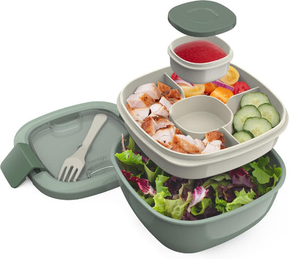 Salad Container, Lunch Bowl with 4-Compartment Toppings Tray, 54 oz | Leak-Proof Dressing Container, Reusable Fork, BPA-Free, Microwave & Dishwasher Safe (Khaki Green)