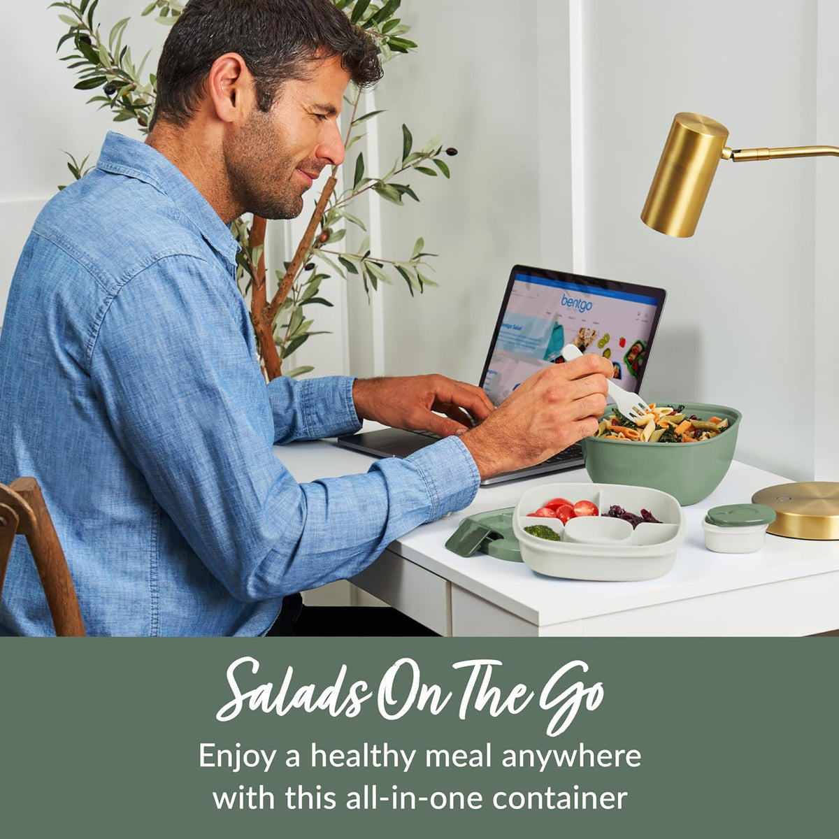 Salad Container, Lunch Bowl with 4-Compartment Toppings Tray, 54 oz | Leak-Proof Dressing Container, Reusable Fork, BPA-Free, Microwave & Dishwasher Safe (Khaki Green)