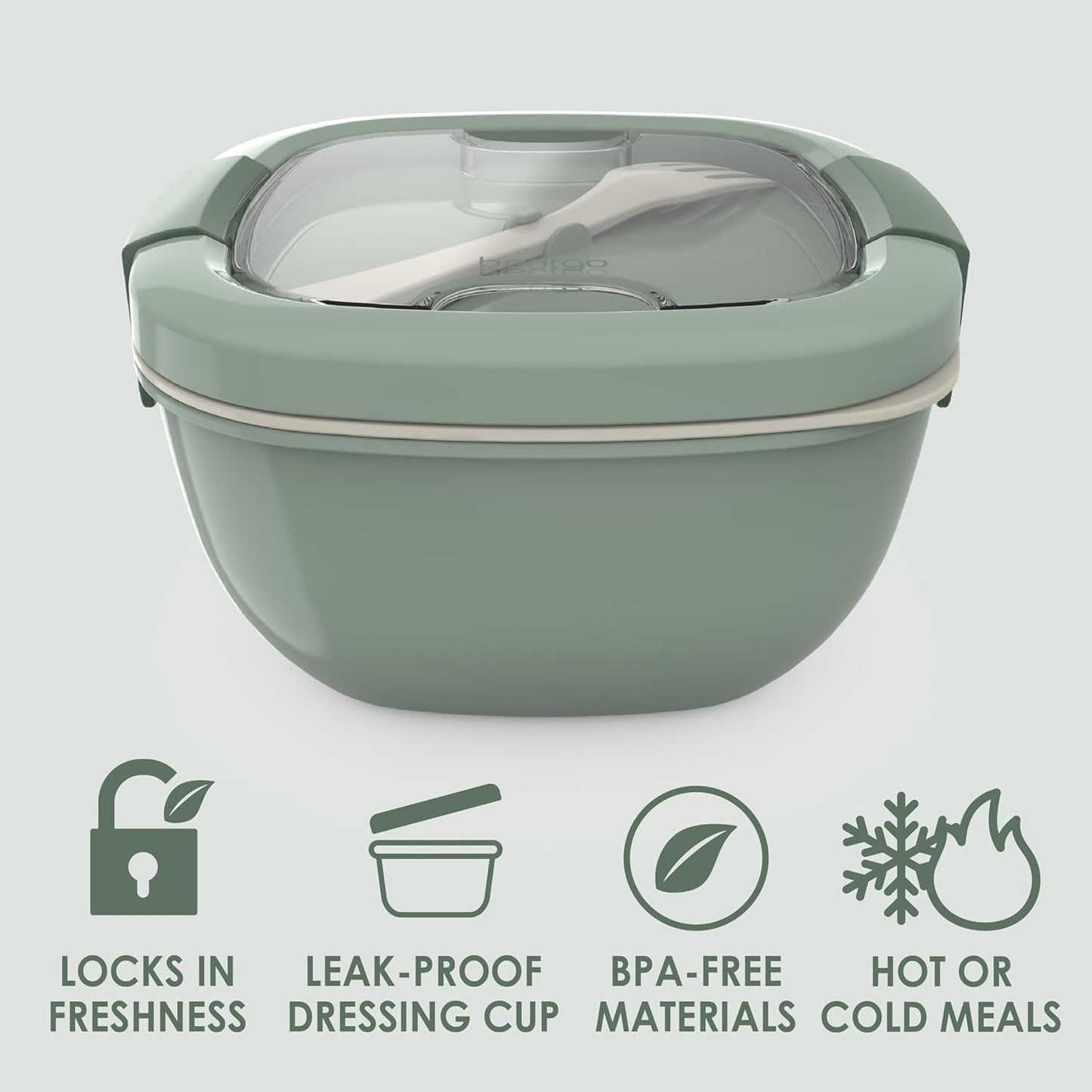 Salad Container, Lunch Bowl with 4-Compartment Toppings Tray, 54 oz | Leak-Proof Dressing Container, Reusable Fork, BPA-Free, Microwave & Dishwasher Safe (Khaki Green)