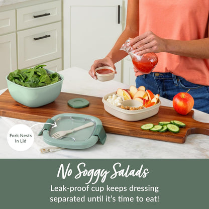 Salad Container, Lunch Bowl with 4-Compartment Toppings Tray, 54 oz | Leak-Proof Dressing Container, Reusable Fork, BPA-Free, Microwave & Dishwasher Safe (Khaki Green)