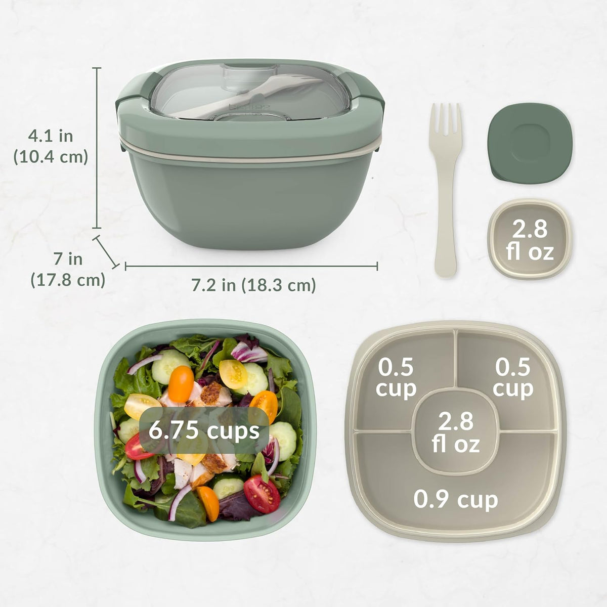 Salad Container, Lunch Bowl with 4-Compartment Toppings Tray, 54 oz | Leak-Proof Dressing Container, Reusable Fork, BPA-Free, Microwave & Dishwasher Safe (Khaki Green)