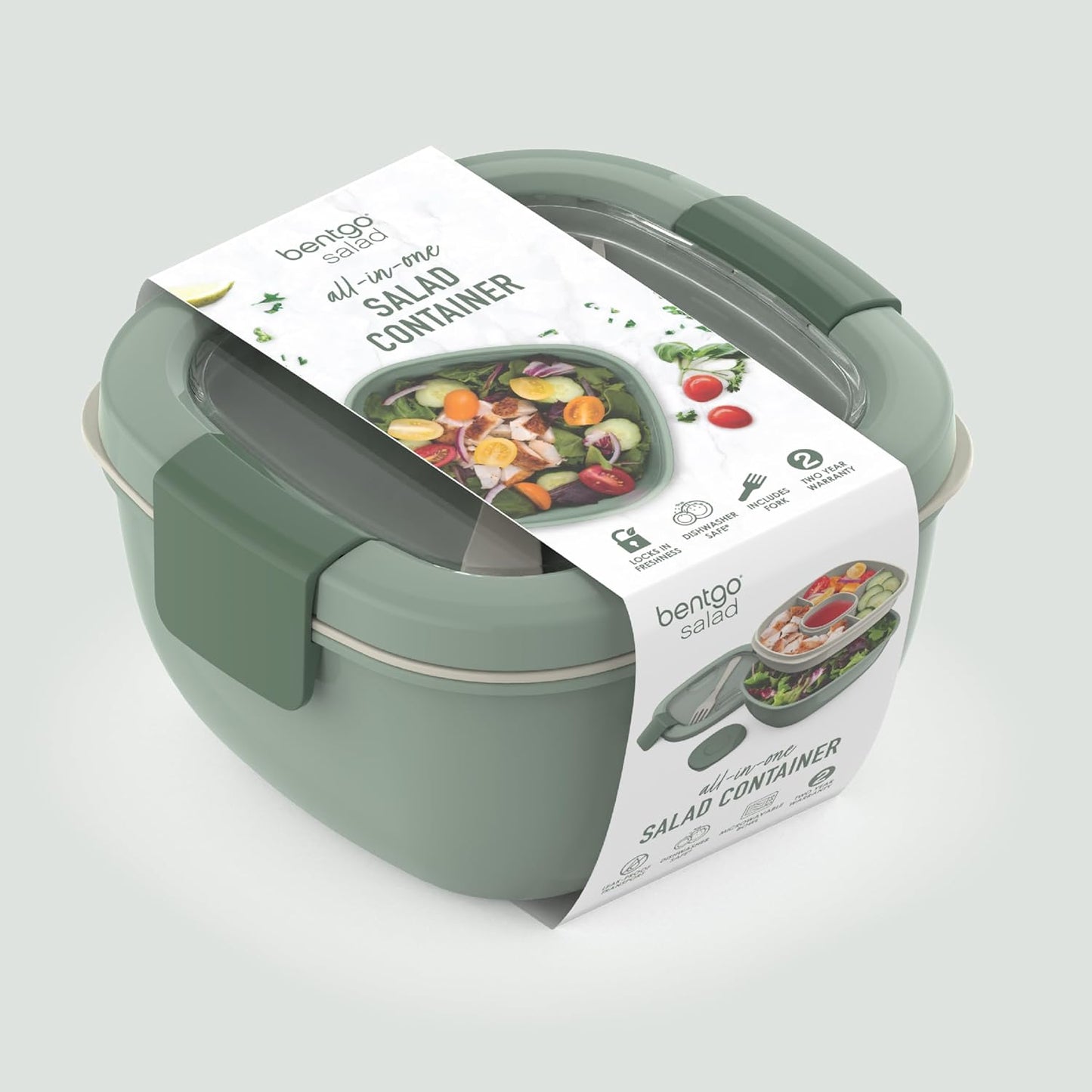Salad Container, Lunch Bowl with 4-Compartment Toppings Tray, 54 oz | Leak-Proof Dressing Container, Reusable Fork, BPA-Free, Microwave & Dishwasher Safe (Khaki Green)