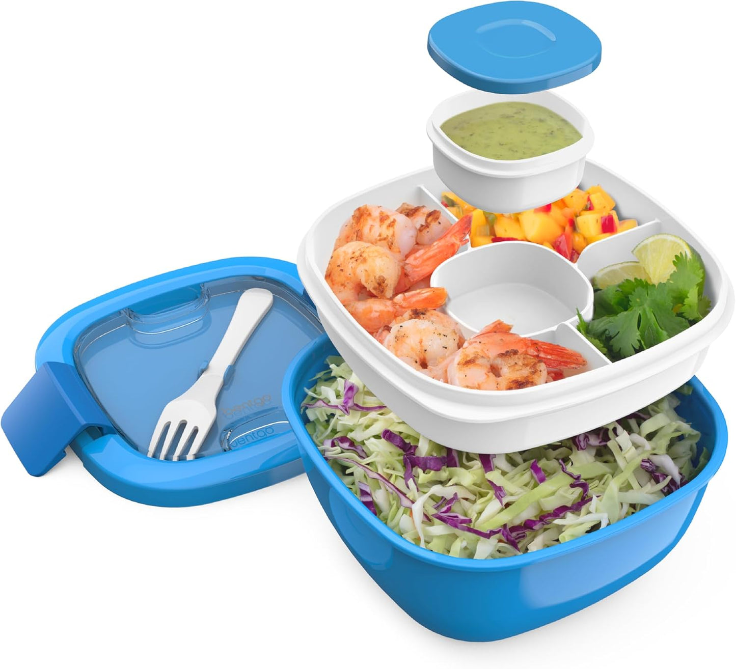 Salad Container, Lunch Bowl with 4-Compartment Toppings Tray, 54 oz | Leak-Proof Dressing Container, Reusable Fork, BPA-Free, Microwave & Dishwasher Safe (Khaki Green)
