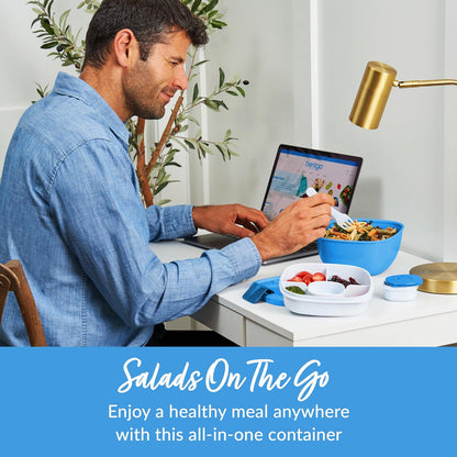 Salad Container, Lunch Bowl with 4-Compartment Toppings Tray, 54 oz | Leak-Proof Dressing Container, Reusable Fork, BPA-Free, Microwave & Dishwasher Safe (Khaki Green)