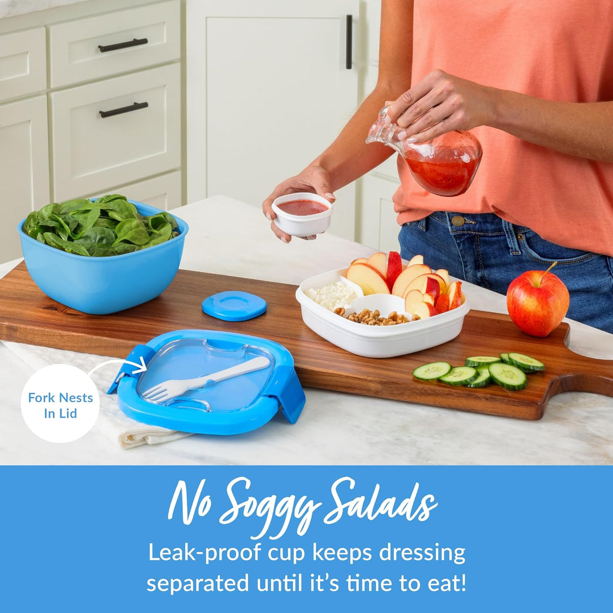 Salad Container, Lunch Bowl with 4-Compartment Toppings Tray, 54 oz | Leak-Proof Dressing Container, Reusable Fork, BPA-Free, Microwave & Dishwasher Safe (Khaki Green)