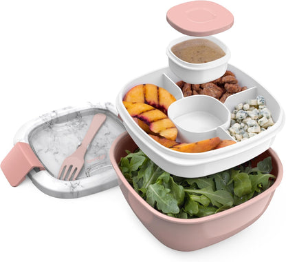Salad Container, Lunch Bowl with 4-Compartment Toppings Tray, 54 oz | Leak-Proof Dressing Container, Reusable Fork, BPA-Free, Microwave & Dishwasher Safe (Khaki Green)