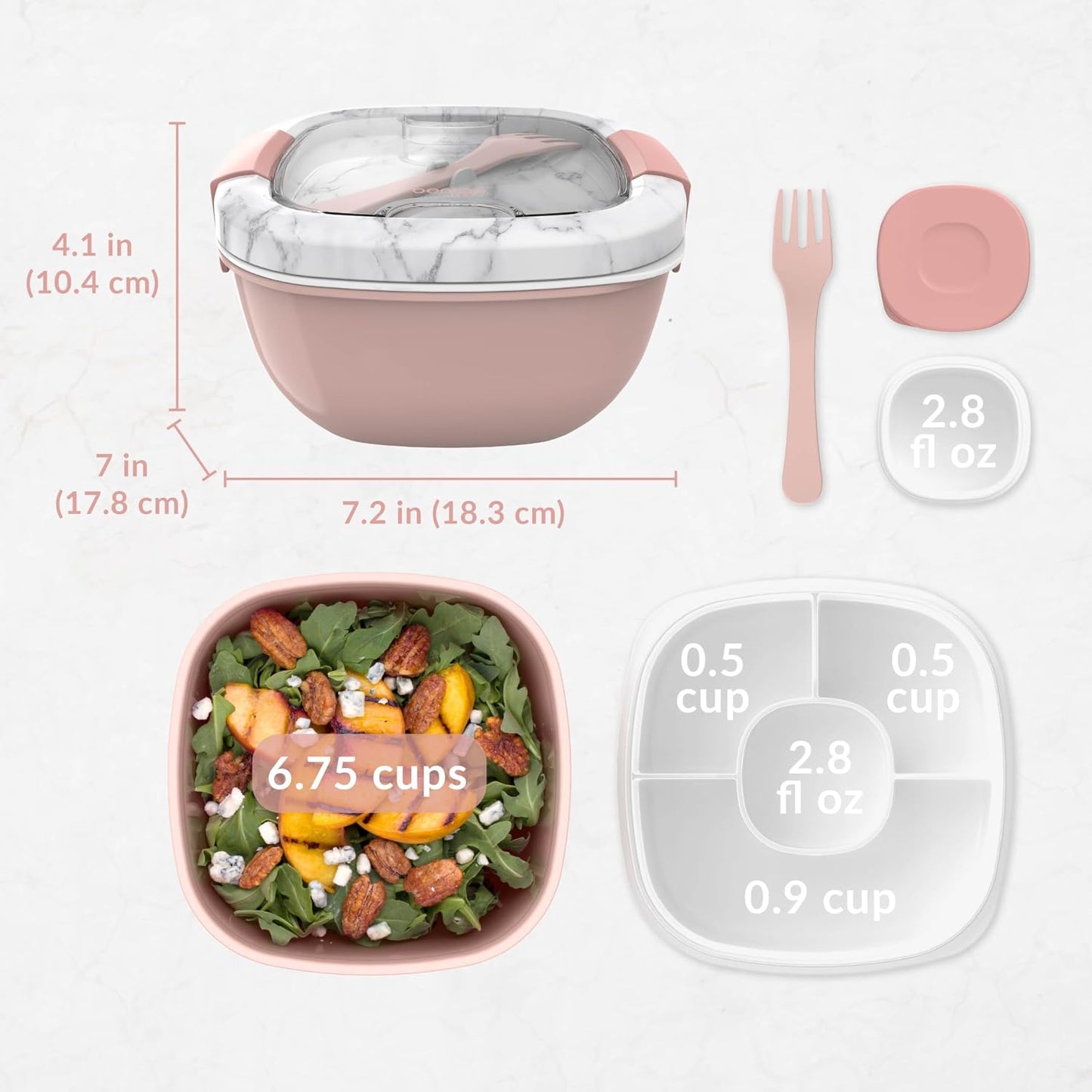 Salad Container, Lunch Bowl with 4-Compartment Toppings Tray, 54 oz | Leak-Proof Dressing Container, Reusable Fork, BPA-Free, Microwave & Dishwasher Safe (Khaki Green)