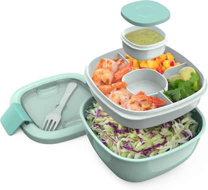 Salad Container, Lunch Bowl with 4-Compartment Toppings Tray, 54 oz | Leak-Proof Dressing Container, Reusable Fork, BPA-Free, Microwave & Dishwasher Safe (Khaki Green)