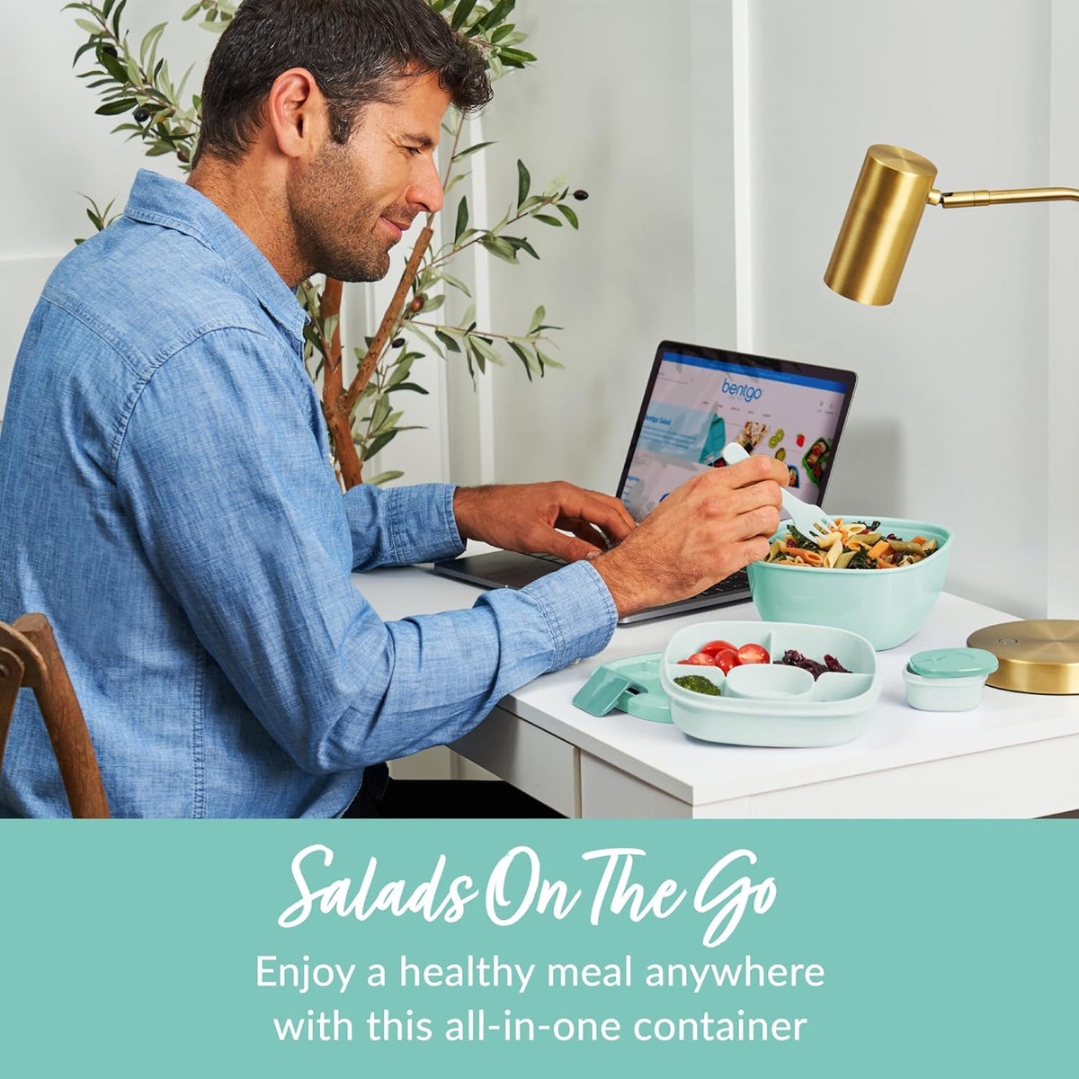 Salad Container, Lunch Bowl with 4-Compartment Toppings Tray, 54 oz | Leak-Proof Dressing Container, Reusable Fork, BPA-Free, Microwave & Dishwasher Safe (Khaki Green)