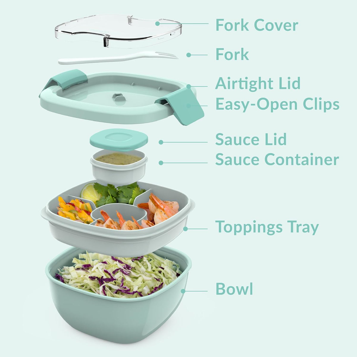 Salad Container, Lunch Bowl with 4-Compartment Toppings Tray, 54 oz | Leak-Proof Dressing Container, Reusable Fork, BPA-Free, Microwave & Dishwasher Safe (Khaki Green)