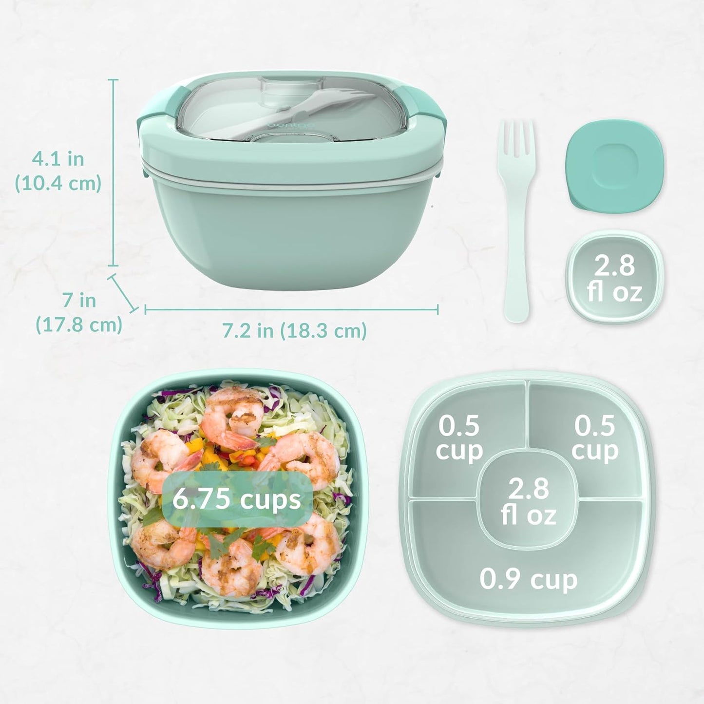 Salad Container, Lunch Bowl with 4-Compartment Toppings Tray, 54 oz | Leak-Proof Dressing Container, Reusable Fork, BPA-Free, Microwave & Dishwasher Safe (Khaki Green)