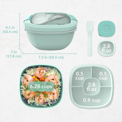 Salad Container, Lunch Bowl with 4-Compartment Toppings Tray, 54 oz | Leak-Proof Dressing Container, Reusable Fork, BPA-Free, Microwave & Dishwasher Safe (Khaki Green)
