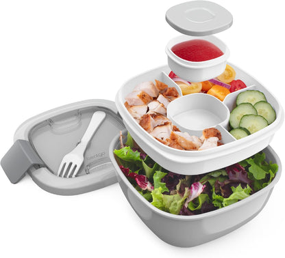 Salad Container, Lunch Bowl with 4-Compartment Toppings Tray, 54 oz | Leak-Proof Dressing Container, Reusable Fork, BPA-Free, Microwave & Dishwasher Safe (Khaki Green)