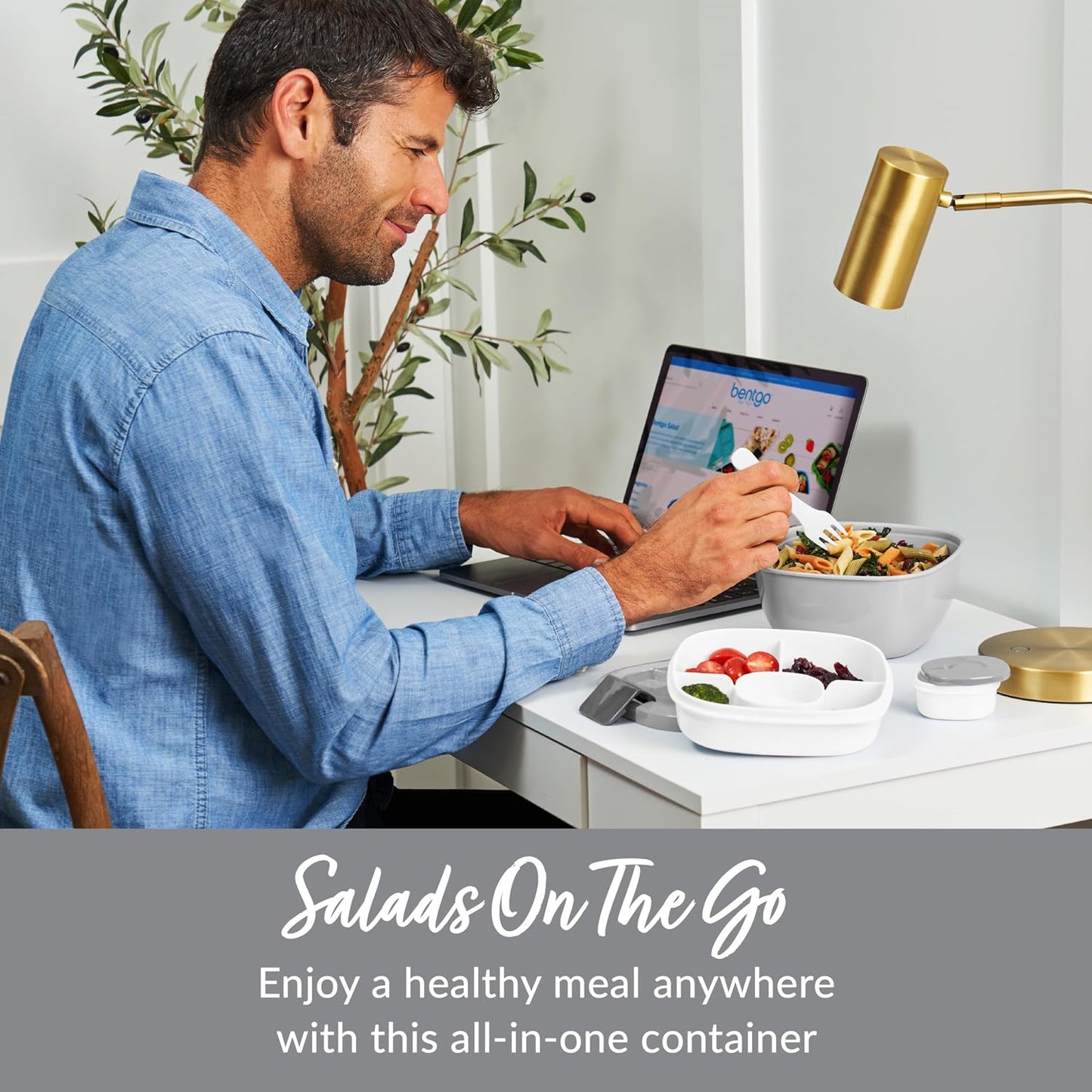 Salad Container, Lunch Bowl with 4-Compartment Toppings Tray, 54 oz | Leak-Proof Dressing Container, Reusable Fork, BPA-Free, Microwave & Dishwasher Safe (Khaki Green)