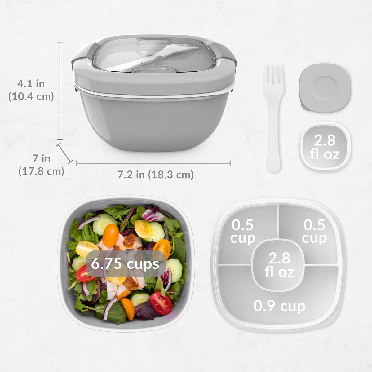 Salad Container, Lunch Bowl with 4-Compartment Toppings Tray, 54 oz | Leak-Proof Dressing Container, Reusable Fork, BPA-Free, Microwave & Dishwasher Safe (Khaki Green)