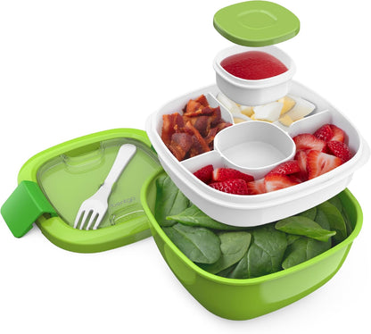 Salad Container, Lunch Bowl with 4-Compartment Toppings Tray, 54 oz | Leak-Proof Dressing Container, Reusable Fork, BPA-Free, Microwave & Dishwasher Safe (Khaki Green)