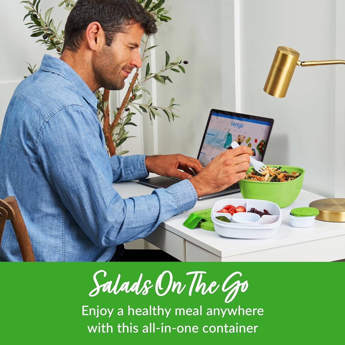 Salad Container, Lunch Bowl with 4-Compartment Toppings Tray, 54 oz | Leak-Proof Dressing Container, Reusable Fork, BPA-Free, Microwave & Dishwasher Safe (Khaki Green)