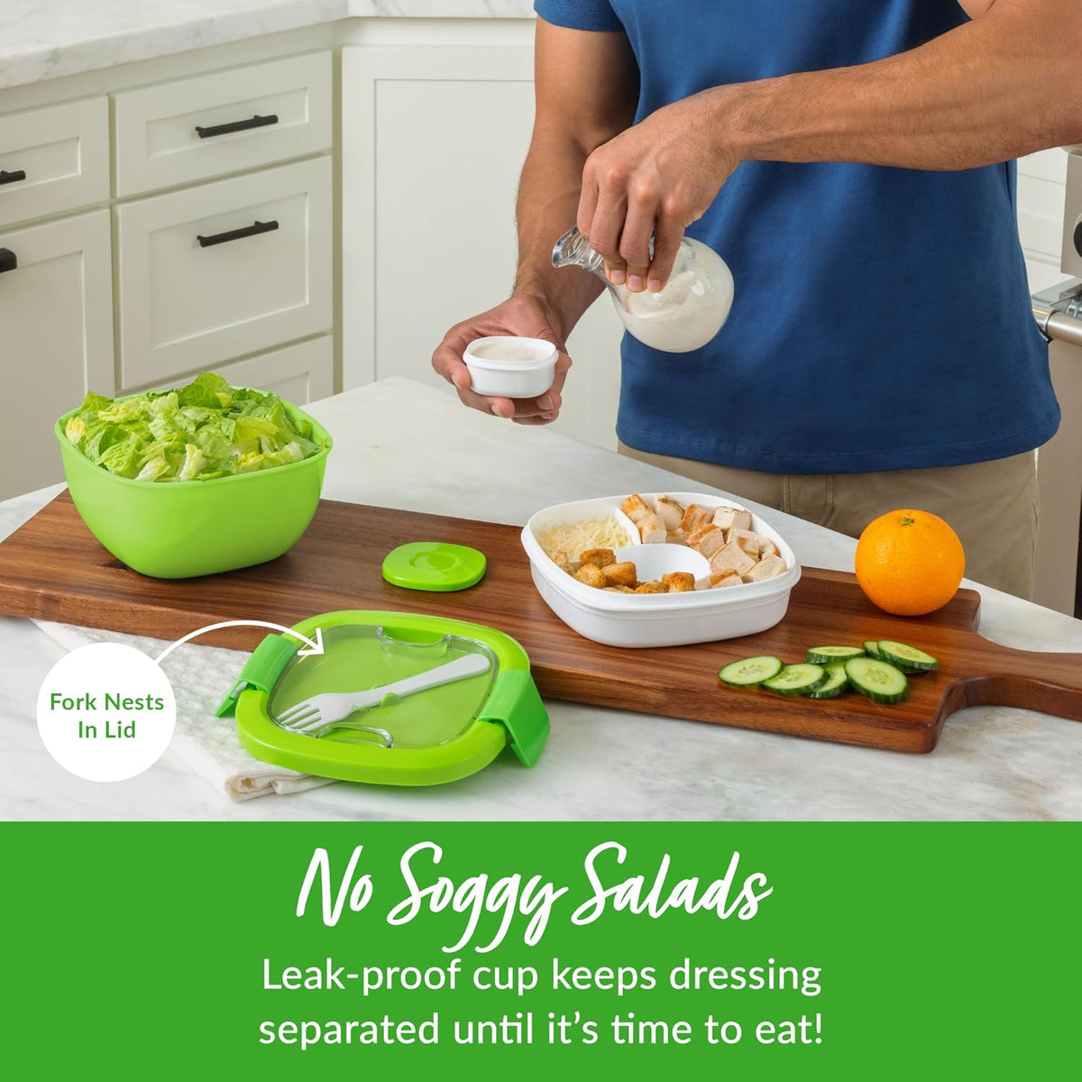 Salad Container, Lunch Bowl with 4-Compartment Toppings Tray, 54 oz | Leak-Proof Dressing Container, Reusable Fork, BPA-Free, Microwave & Dishwasher Safe (Khaki Green)