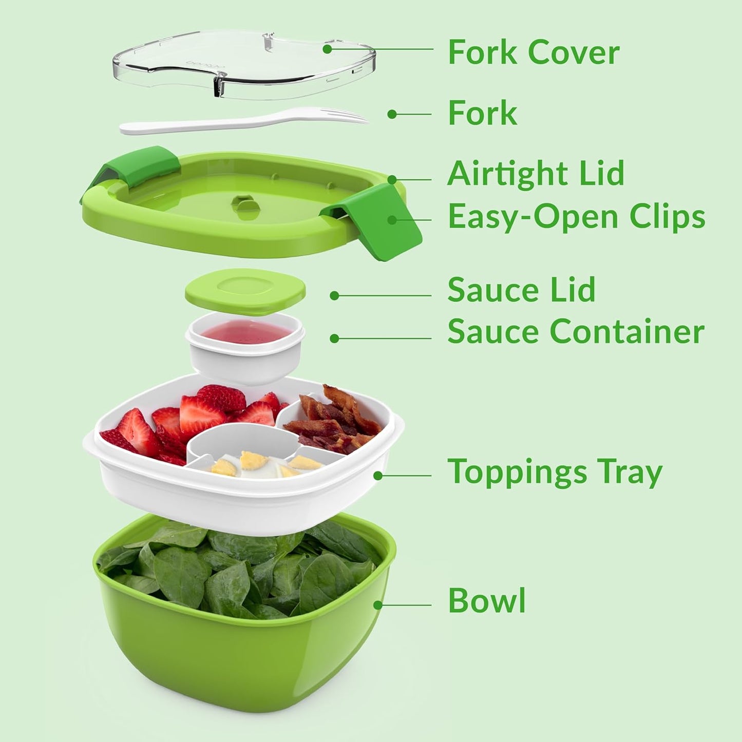 Salad Container, Lunch Bowl with 4-Compartment Toppings Tray, 54 oz | Leak-Proof Dressing Container, Reusable Fork, BPA-Free, Microwave & Dishwasher Safe (Khaki Green)