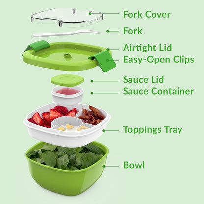 Salad Container, Lunch Bowl with 4-Compartment Toppings Tray, 54 oz | Leak-Proof Dressing Container, Reusable Fork, BPA-Free, Microwave & Dishwasher Safe (Khaki Green)
