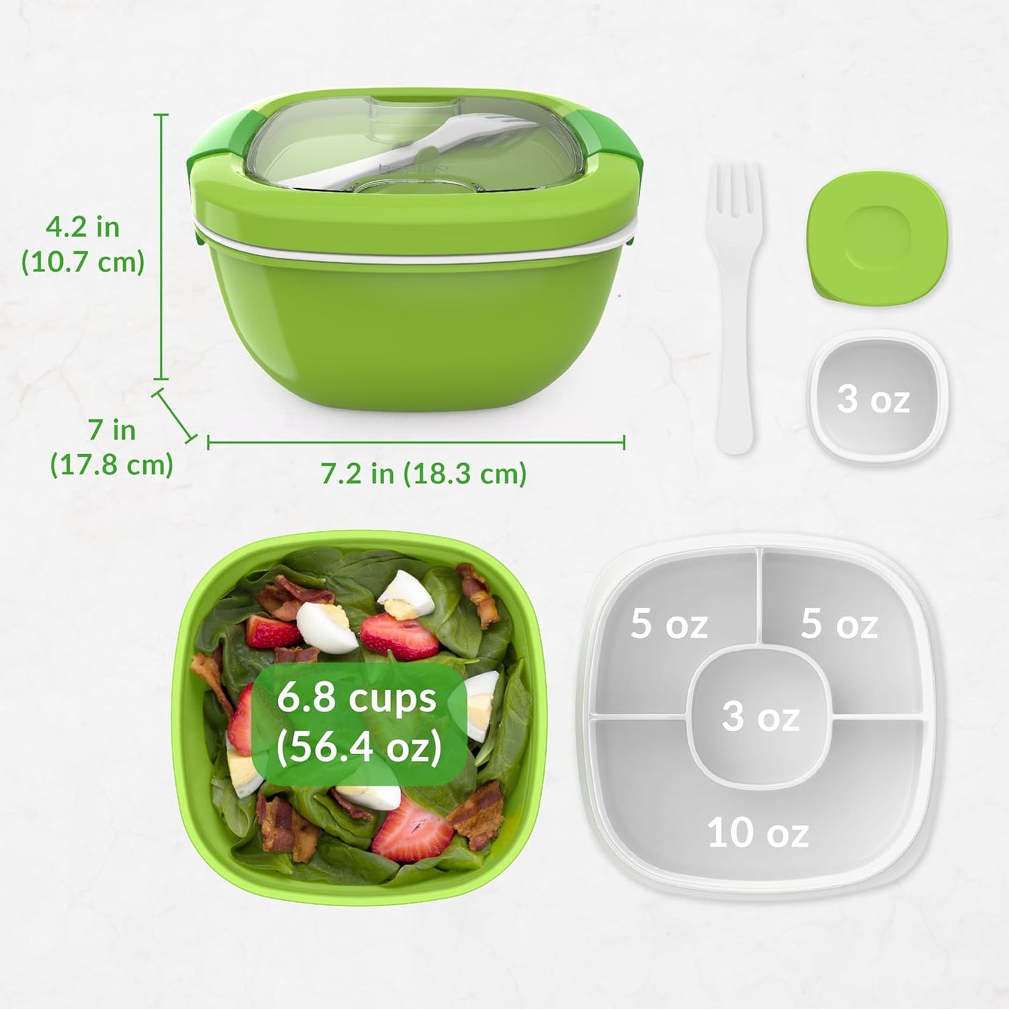 Salad Container, Lunch Bowl with 4-Compartment Toppings Tray, 54 oz | Leak-Proof Dressing Container, Reusable Fork, BPA-Free, Microwave & Dishwasher Safe (Khaki Green)