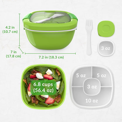 Salad Container, Lunch Bowl with 4-Compartment Toppings Tray, 54 oz | Leak-Proof Dressing Container, Reusable Fork, BPA-Free, Microwave & Dishwasher Safe (Khaki Green)