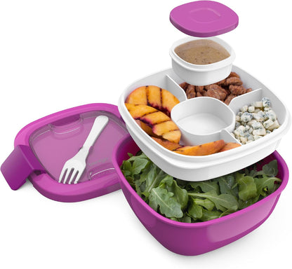 Salad Container, Lunch Bowl with 4-Compartment Toppings Tray, 54 oz | Leak-Proof Dressing Container, Reusable Fork, BPA-Free, Microwave & Dishwasher Safe (Khaki Green)