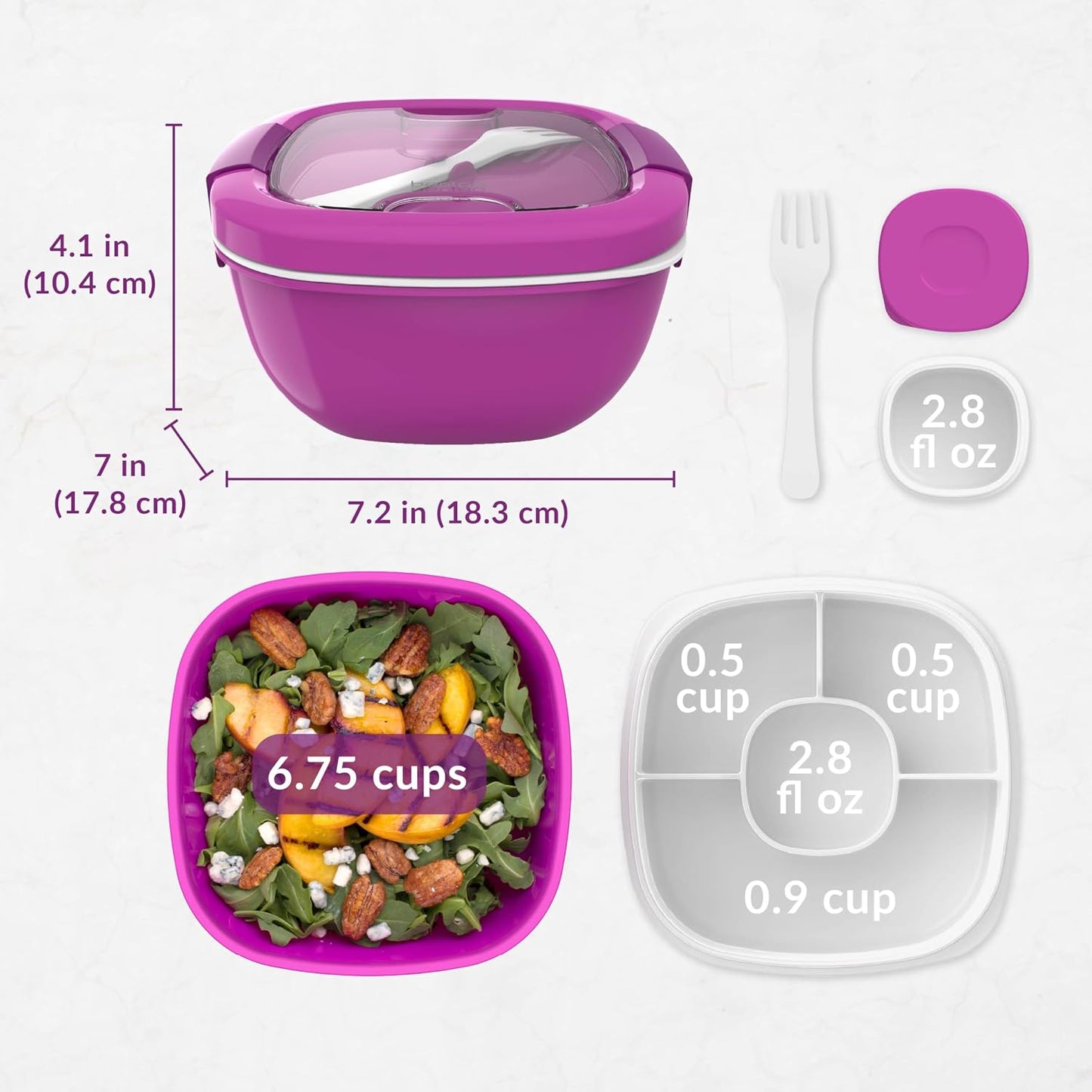 Salad Container, Lunch Bowl with 4-Compartment Toppings Tray, 54 oz | Leak-Proof Dressing Container, Reusable Fork, BPA-Free, Microwave & Dishwasher Safe (Khaki Green)